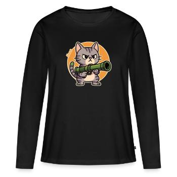 Chat en colère au bazooka – Motif de bande dessinée - T-shirt manches longues Premium bio Femme - noir - Devant - Julia (174cm)