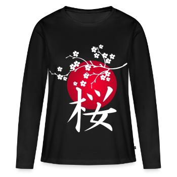 Weiße japanische Kirsche und rote Sonne - Frauen Premium Bio Langarmshirt - Schwarz - Vorne - Julia (174cm)
