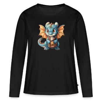Drache Schulranzen Drache Kinder Niedlich - Frauen Premium Bio Langarmshirt - Schwarz - Vorne - Julia (174cm)