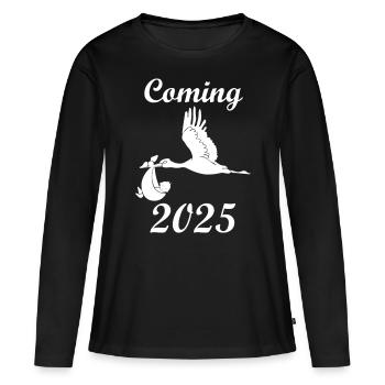 Annonce de bébé cigogne à venir en 2025 - T-shirt manches longues Premium bio Femme - noir - Devant - Julia (174cm)