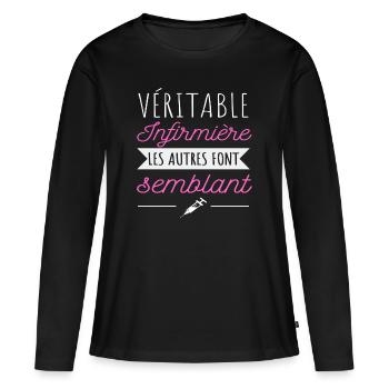 T shirt infirmière véritable infirmière cadeau - T-shirt manches longues Premium bio Femme - noir - Devant - Julia (174cm)