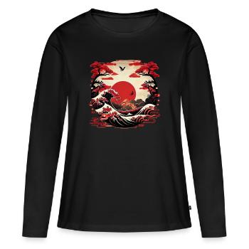 Art japonais Sea Waves with Sun - Bande dessinée - T-shirt manches longues Premium bio Femme - noir - Devant - Julia (174cm)