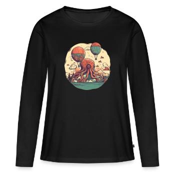 Motif surréaliste, île de poulpe avec ballons - T-shirt manches longues Premium bio Femme - noir - Devant - Julia (174cm)