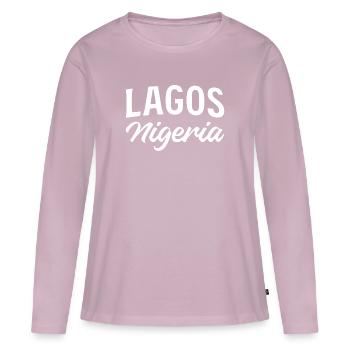 Nigéria Lagos Rétro lettrage - T-shirt manches longues Premium bio Femme - rose poudré - Devant - Julia (174cm)