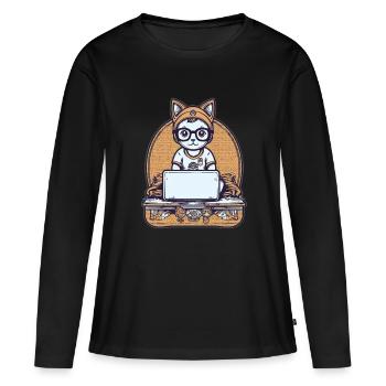Techy Cat at Desk - Women's Premium Organic Long Sleeve Shirt - black - Front - Julia (174cm)