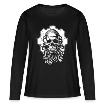 Crâne mystique avec des tentacules devant la roue dentée - T-shirt manches longues Premium bio Femme - noir - Devant - Julia (174cm)