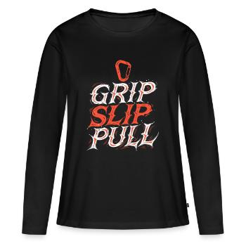 Grip Slip Pull Typographie Dynamique - T-shirt manches longues Premium bio Femme - noir - Devant - Julia (174cm)