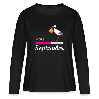 Bébé arrive en septembre grossesse de cigogne - T-shirt manches longues Premium bio Femme - noir - Devant - Julia (174cm)