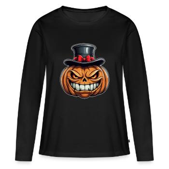 Citrouille d’Halloween souriante drôle avec chapeau haut de forme - T-shirt manches longues Premium bio Femme - noir - Devant - Julia (174cm)