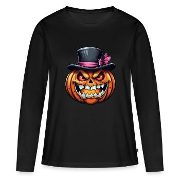 Citrouille d’Halloween souriante drôle avec chapeau haut de forme - T-shirt manches longues Premium bio Femme - noir - Devant - Julia (174cm)