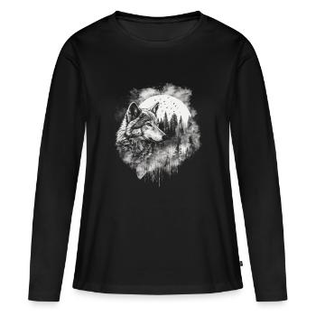 Wolf mit Vollmond - Frauen Premium Bio Langarmshirt - Schwarz - Vorne - Julia (174cm)