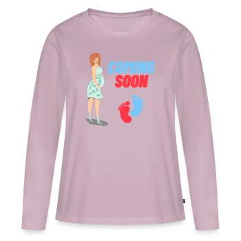 Annonce de grossesse - T-shirt manches longues Premium bio Femme - rose poudré - Devant - Julia (174cm)
