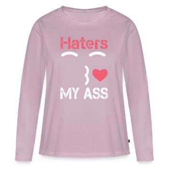 Les haineux embrassent mon cul. Hate kiss kiss smiley coeur - T-shirt manches longues Premium bio Femme - rose poudré - Devant - Julia (174cm)