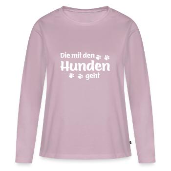 Qui va avec les chiens - pattes de chien - T-shirt manches longues Premium bio Femme - rose poudré - Devant - Julia (174cm)