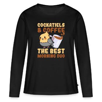Cockatiels & Café - Amateurs d’oiseaux cockatiels - T-shirt manches longues Premium bio Femme - noir - Devant - Julia (174cm)