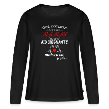 pas parfaite aide-soignante;cadeau aide soignante - T-shirt manches longues Premium bio Femme - noir - Devant - Julia (174cm)