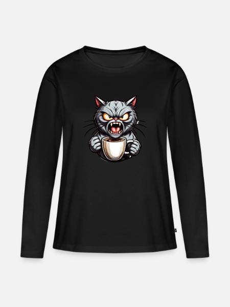 Graue Katze mit Kaffee - Frauen Premium Bio Langarmshirt - Schwarz