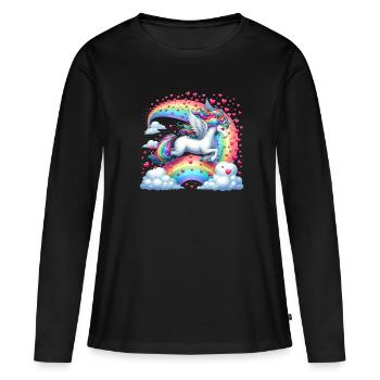 Licorne Saint-Valentin arc-en-ciel coeurs fantaisie - T-shirt manches longues Premium bio Femme - noir - Devant - Julia (174cm)