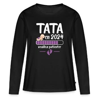 Cadeau Tata Annonce Grossesse Future Tante 2024 - T-shirt manches longues Premium bio Femme - noir - Devant - Julia (174cm)