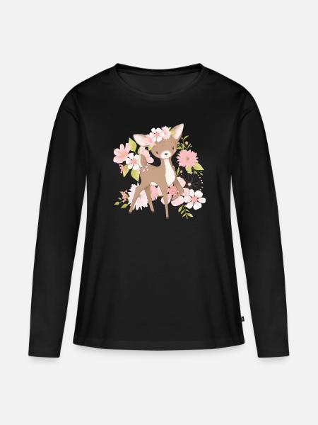 Blumen Rehkitz - Frauen Premium Bio Langarmshirt - Schwarz