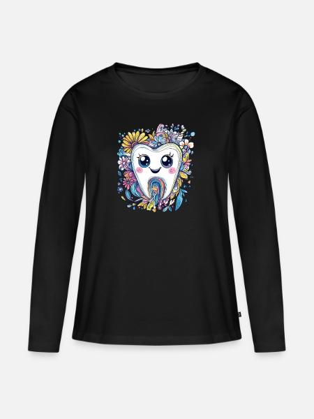 Zahn mit Blumenlächeln - Frauen Premium Bio Langarmshirt - Schwarz