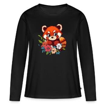 Roter Panda mit Blumen - Frauen Premium Bio Langarmshirt - Schwarz - Vorne - Julia (174cm)