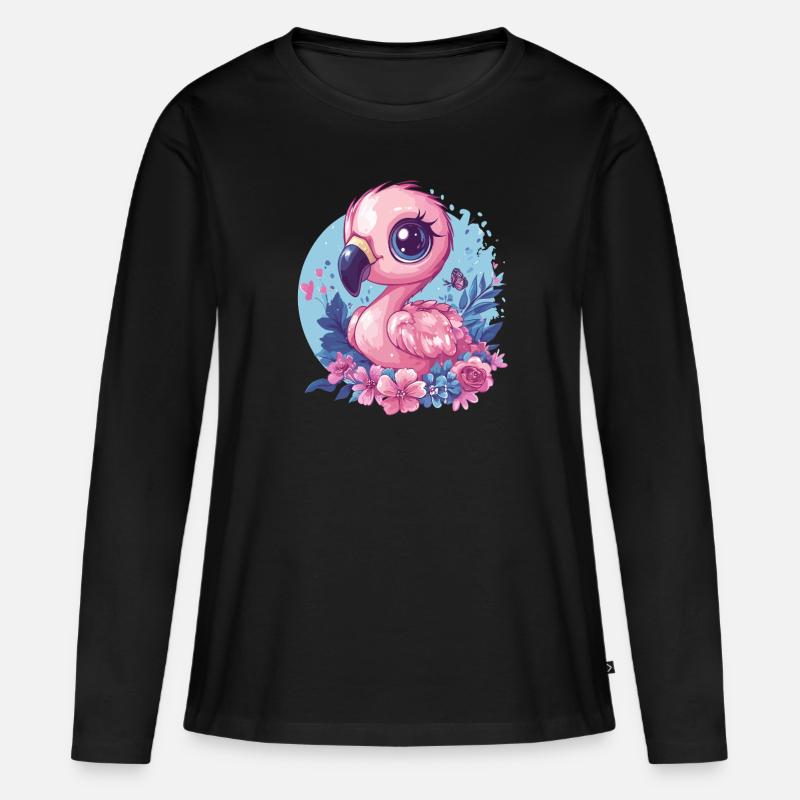 Flamingo mit Blumendeko - Frauen Premium Bio Langarmshirt - Schwarz