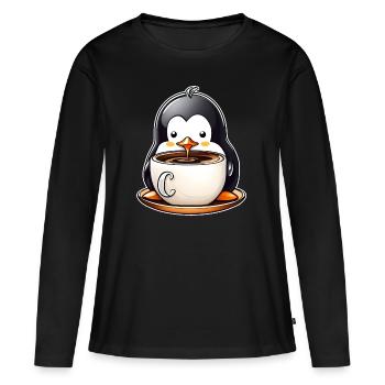 Niedlicher Pinguin mit Kaffee II - Frauen Premium Bio Langarmshirt - Schwarz - Vorne - Julia (174cm)
