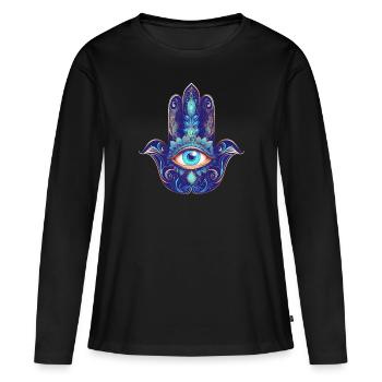 La main Hamsa, œil qui voit tout, Nazar, symbole de protection - T-shirt manches longues Premium bio Femme - noir - Devant - Julia (174cm)