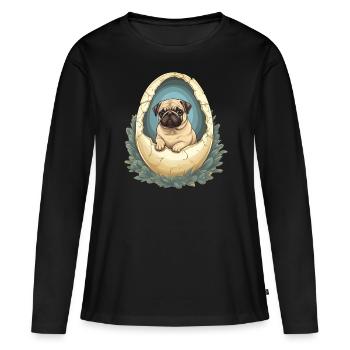 Mops Schlüpft aus Eierschale - Niedliches - Frauen Premium Bio Langarmshirt - Schwarz - Vorne - Julia (174cm)