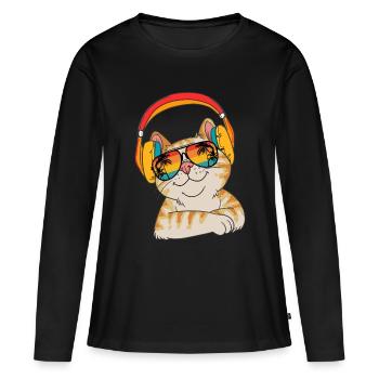 Chat-ami Chat Face avec écouteurs - T-shirt manches longues Premium bio Femme - noir - Devant - Julia (174cm)