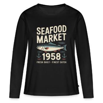 Publicité pour le marché aux poissons vintage - T-shirt manches longues Premium bio Femme - noir - Devant - Julia (174cm)