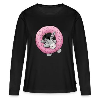 Âne en peluche avec beignet - T-shirt manches longues Premium bio Femme - noir - Devant - Julia (174cm)