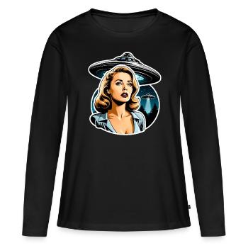 Frau begegnet Alien-Invasion UFOs Film Noir - Frauen Premium Bio Langarmshirt - Schwarz - Vorne - Julia (174cm)