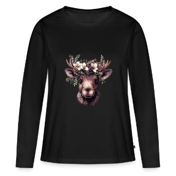 Realistischer Elch mit Blumen - Frauen Premium Bio Langarmshirt - Schwarz - Vorne - Julia (174cm)
