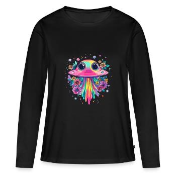 OVNI avec pluie de fleurs - T-shirt manches longues Premium bio Femme - noir - Devant - Julia (174cm)