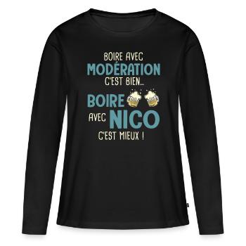 nicolas modération boire avec nico c'est mieux - T-shirt manches longues Premium bio Femme - noir - Devant - Julia (174cm)