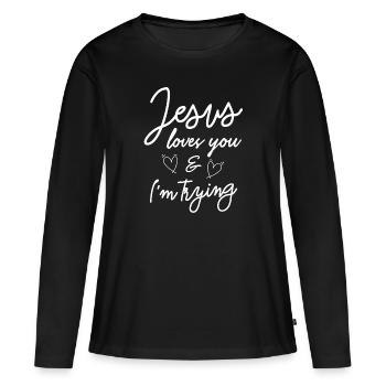 Jésus vous aime et j'essaye T-shirt chrétien - T-shirt manches longues Premium bio Femme - noir - Devant - Julia (174cm)
