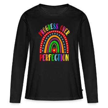 Rainbow Progress Over Perfection Motivational - Frauen Premium Bio Langarmshirt - Schwarz - Vorne - Julia (174cm)