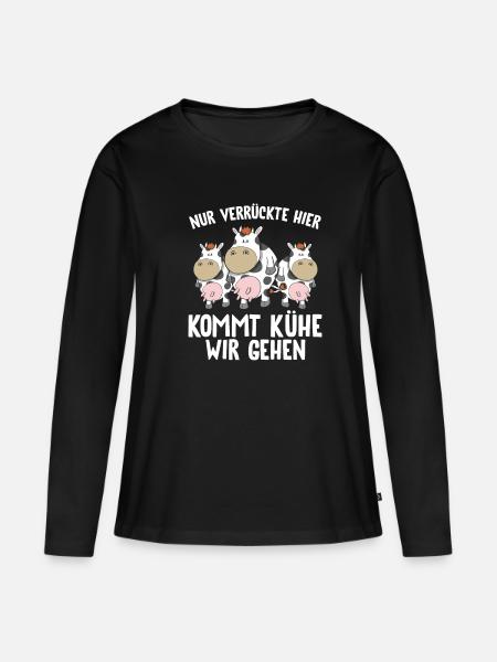 Nur Verrückte hier kommt Kühe wir gehen - Frauen Premium Bio Langarmshirt - Schwarz