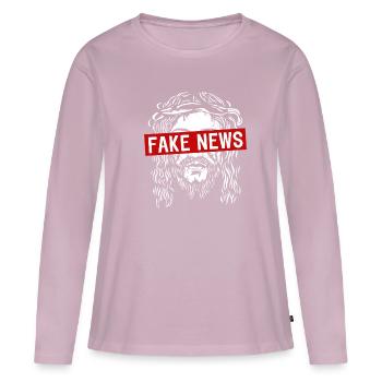 Jésus Fake News - T-shirt manches longues Premium bio Femme - rose poudré - Devant - Julia (174cm)