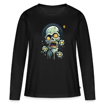 Puissance florale et crâne effrayé - T-shirt manches longues Premium bio Femme - noir - Devant - Julia (174cm)