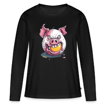 Horreur : un cochon zombie mange du jaune d’œuf - T-shirt manches longues Premium bio Femme - noir - Devant - Julia (174cm)