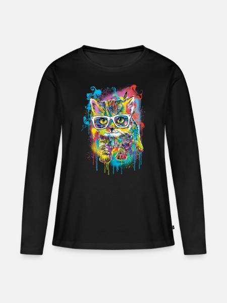 P.D. Moreno Katze mit Brille - Frauen Premium Bio Langarmshirt - Schwarz