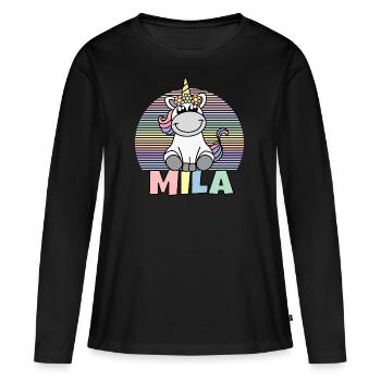 Nom de la licorne Mila - T-shirt manches longues Premium bio Femme - noir - Devant - Julia (174cm)