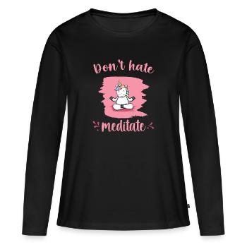 Licorne Méditation Relaxation Yoga Cadeau - T-shirt manches longues Premium bio Femme - noir - Devant - Julia (174cm)