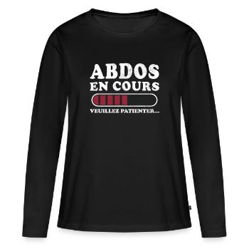Bauchmuskeln in Arbeit, bitte warten - Frauen Premium Bio Langarmshirt - Schwarz - Vorne - Julia (174cm)
