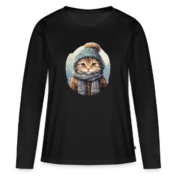 Chat en hiver avec chapeau, écharpe et veste - T-shirt manches longues Premium bio Femme - noir - Devant - Julia (174cm)
