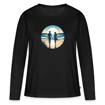 Beachside Bliss : Promenade romantique sur la plage - T-shirt manches longues Premium bio Femme - noir - Devant - Julia (174cm)