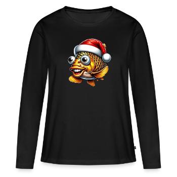 Carpe de Noël : drôle de poisson avec chapeau - T-shirt manches longues Premium bio Femme - noir - Devant - Julia (174cm)